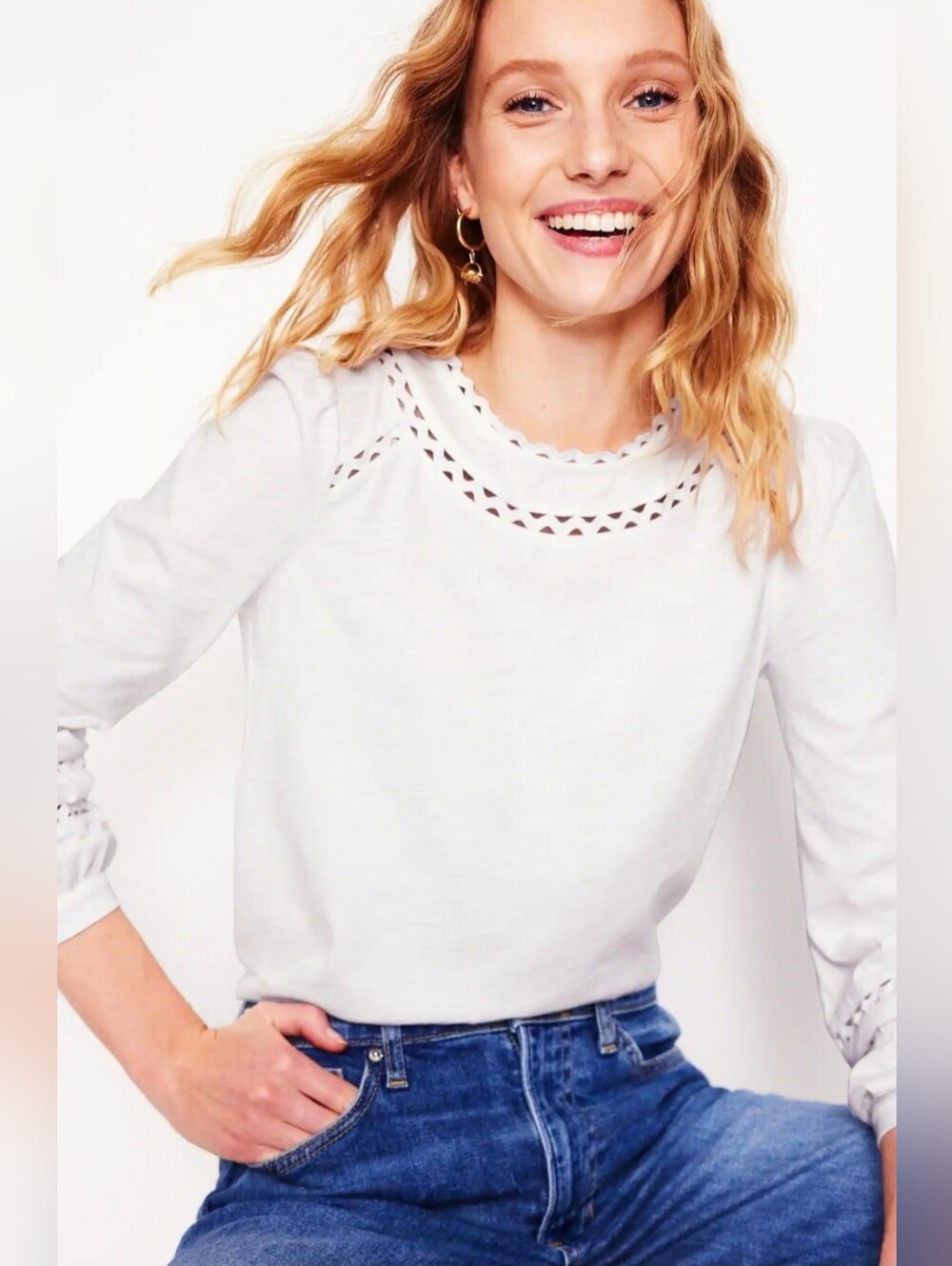 Boden 100% Cotton Daisy Long Sleeve Trim Top Size 10